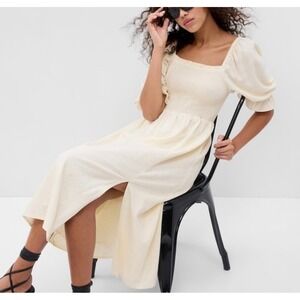 GAP Linen Blend Puff Sleeve Midi Dress Smock Ivory Dress Cottagecore Boho XS NEW